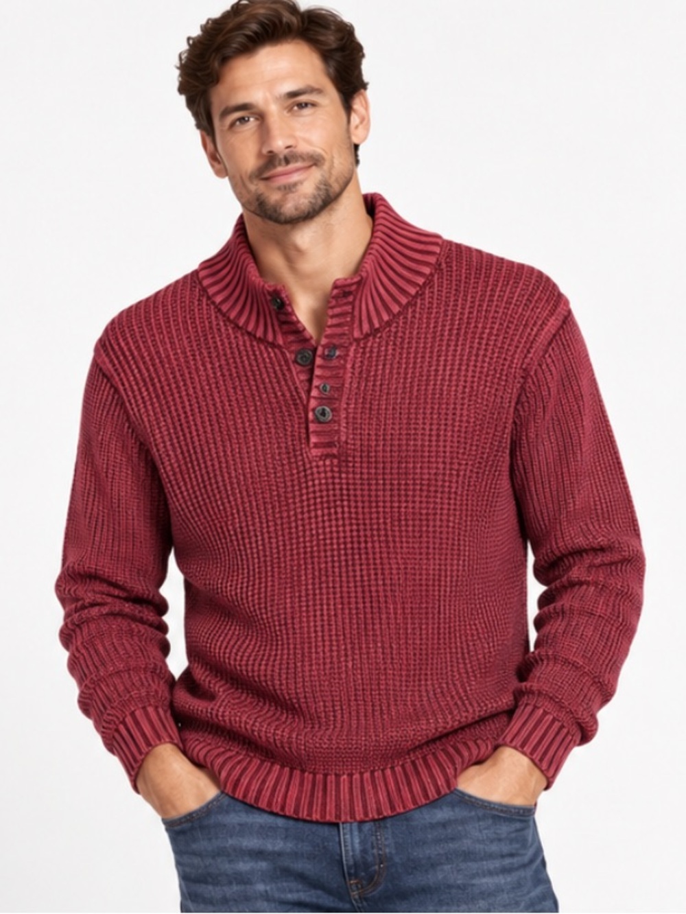 CARBON2COBALT 100% Cotton Chunky Knit Fireside Henley Mock Slim Sweater Red XL